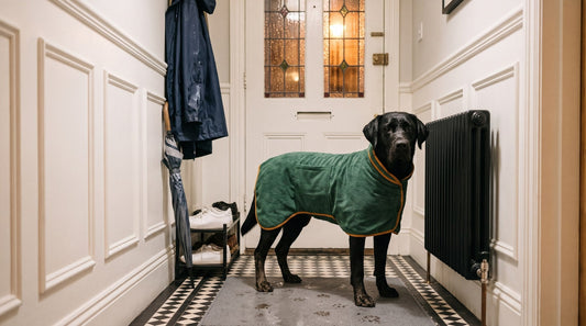 Black Labrador wearing a green microfibre dog drying robe in a Victorian hallway after a rainy walk