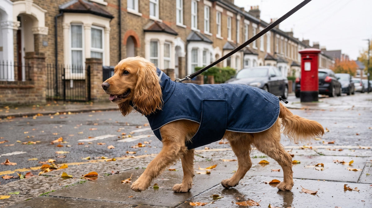 Cocker Spaniel in a navy waterproof dog coat walking on a rainy city street of terraced houses