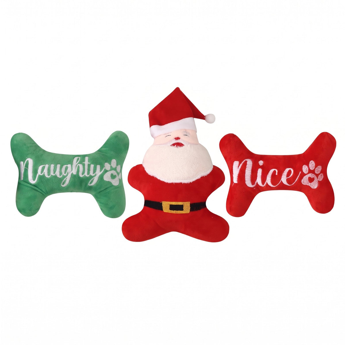 Set of 3 Christmas plush dog toys: green Naughty bone, Santa and red Nice bone