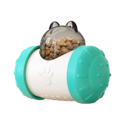 Blue treat dispensing wobbler dog toy with clear dome filled with kibble