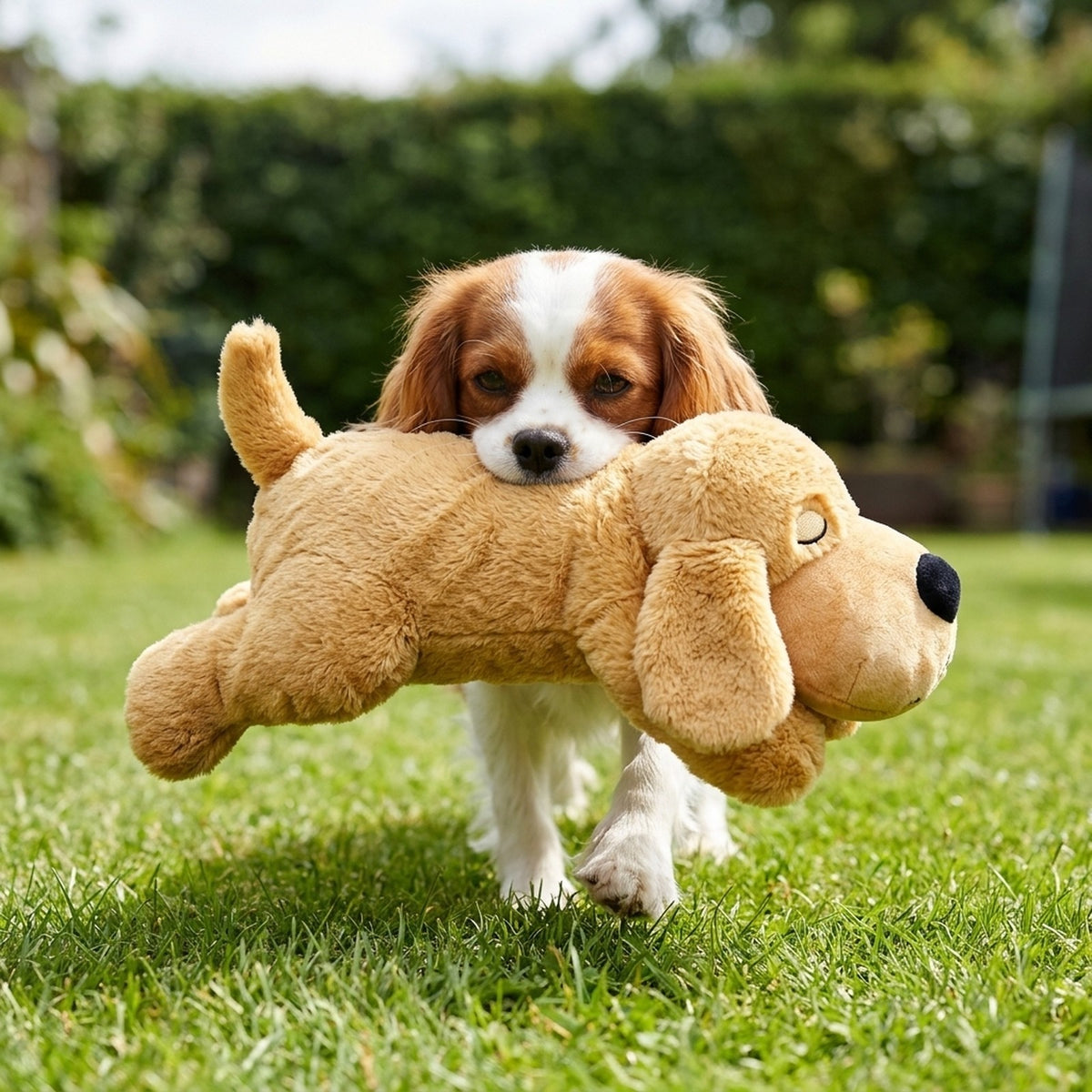 Cavalier King Charles Spaniel carrying the light brown heartbeat puppy plush in a garden