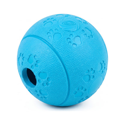 Blue treat dispensing dog ball with paw print texture and round treat opening
