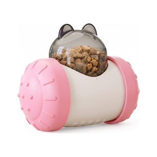 Pink treat dispensing wobbler dog toy with clear dome filled with kibble