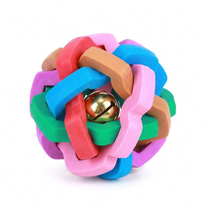 Light up dog ball, bell version: woven rainbow rubber ball with gold jingle bell inside