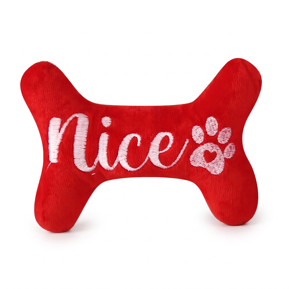 Red Nice bone Christmas squeaky plush dog toy with embroidered paw print