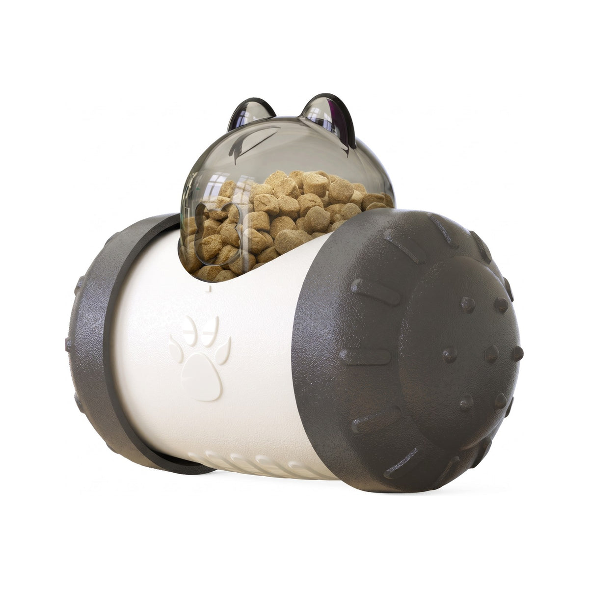 Black treat dispensing wobbler dog toy with clear dome filled with kibble
