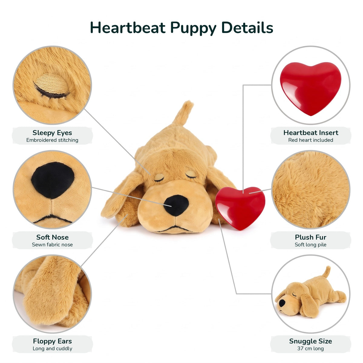 Heartbeat puppy plush details: embroidered eyes, fabric nose, floppy ears, heart insert, plush fur, 37 cm long