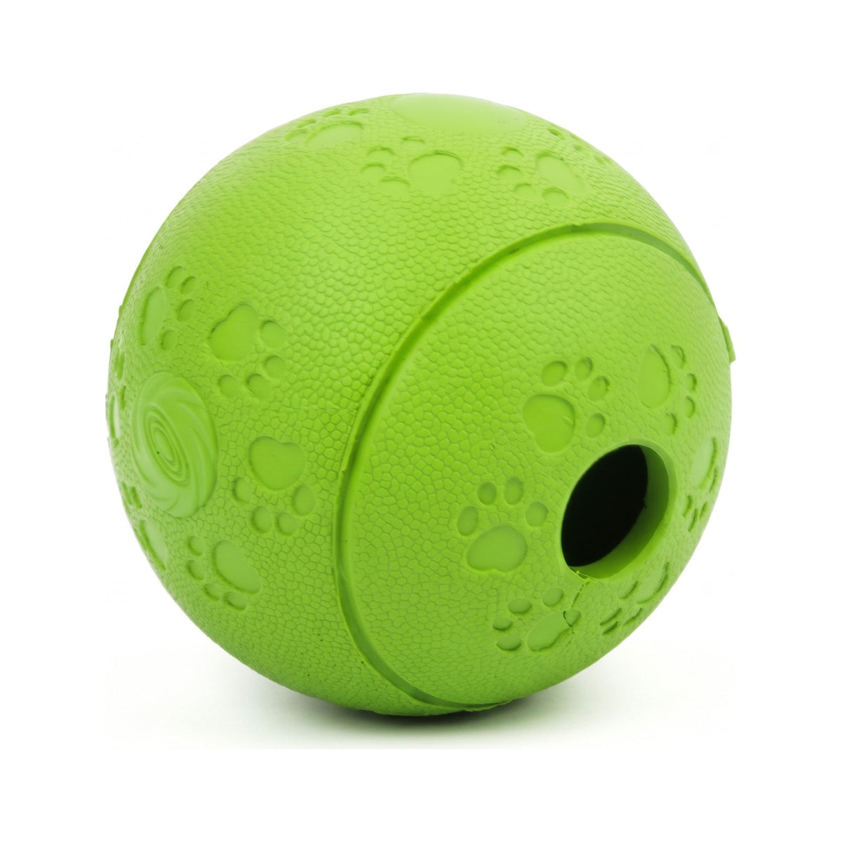 Green treat dispensing dog ball with paw print texture and round treat opening