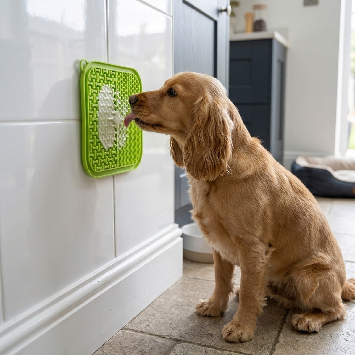 Cocker Spaniel licking yoghurt from a green lick mat stuck to a tiled kitchen wall