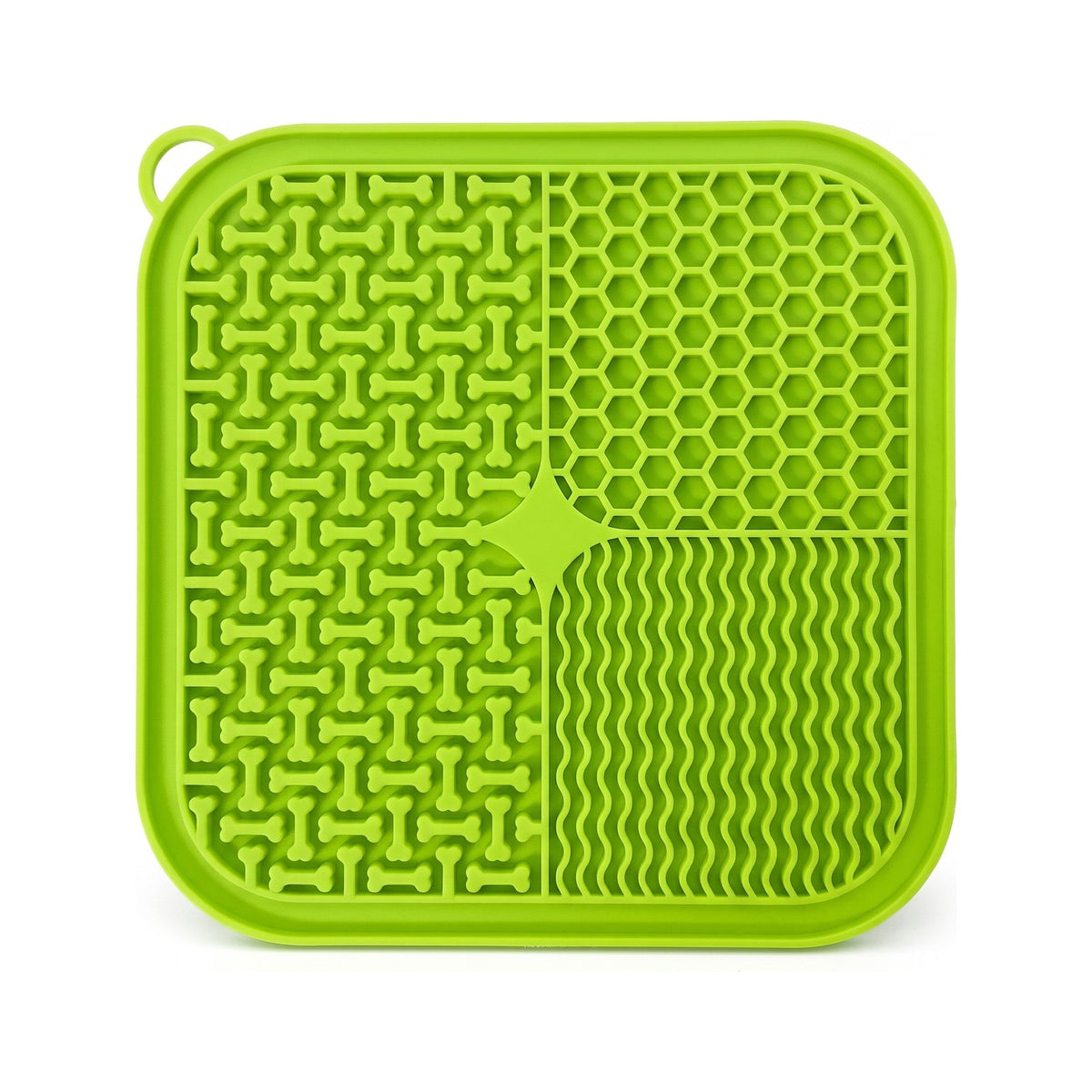 Green silicone dog lick mat with suction cups, textured bone, honeycomb and wave pattern