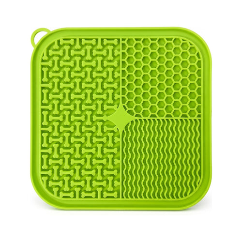 Green silicone dog lick mat with suction cups, textured bone, honeycomb and wave pattern