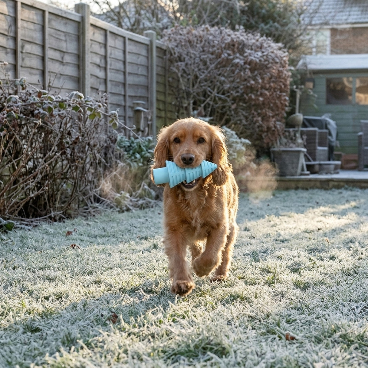 Cocker Spaniel carrying the sky blue Christmas tree chew toy across a frosty garden