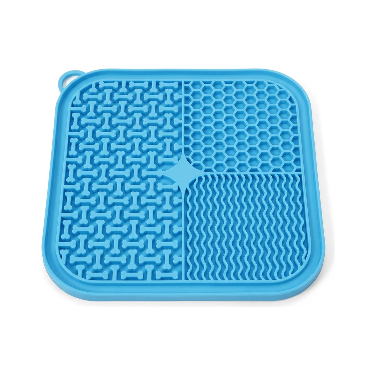 Blue silicone dog lick mat with suction cups, textured bone, honeycomb and wave pattern