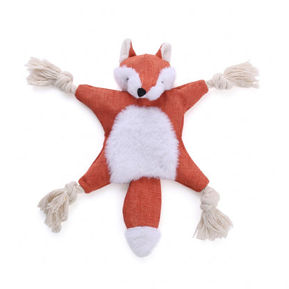 Red fox no stuffing squeaky dog toy with knotted rope limbs