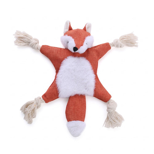 Red fox no stuffing squeaky dog toy with knotted rope limbs