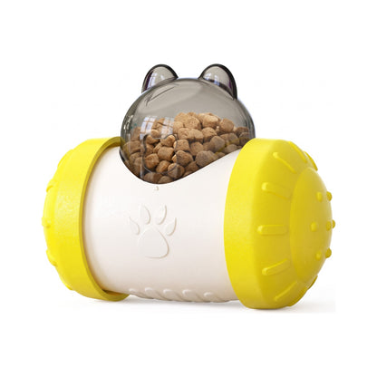 Yellow treat dispensing wobbler dog toy with clear dome filled with kibble