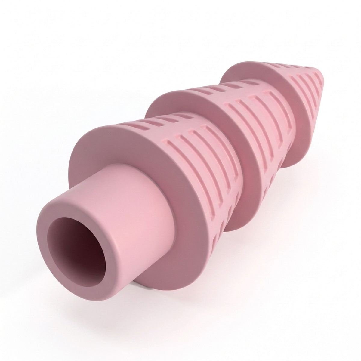 Close up of the moulded grooves and hollow trunk of the pink Christmas tree chew toy
