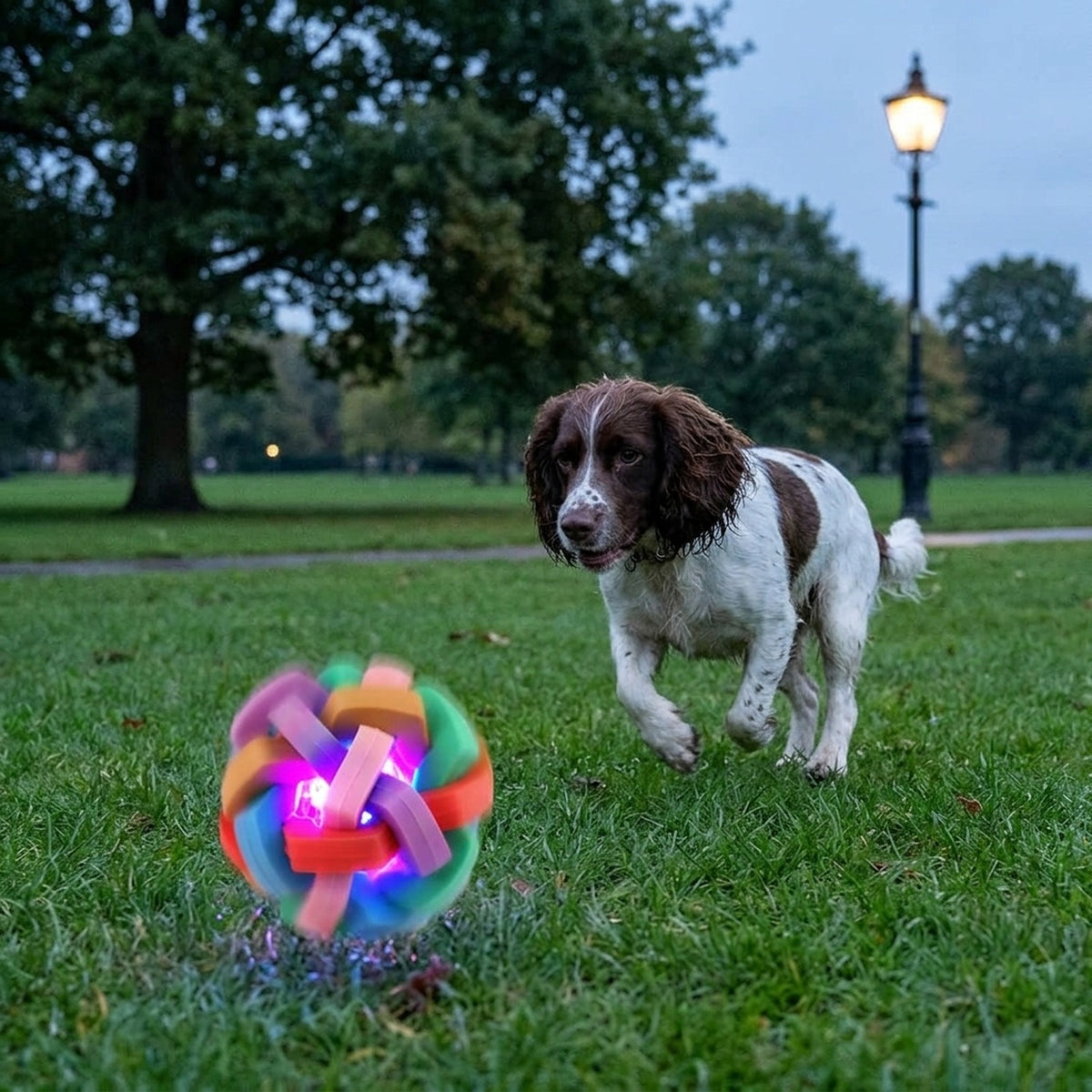 Cocker Spaniel chasing the lit up dog ball in a park at dusk