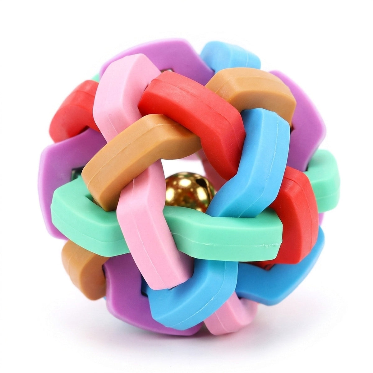 Close up of the interlocking rubber bands and bell inside the woven dog ball