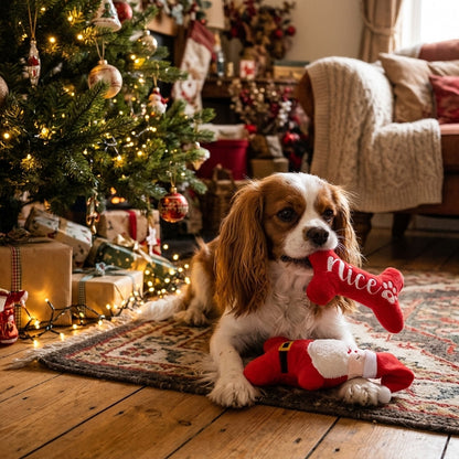 Cavalier King Charles Spaniel by the Christmas tree with the red Nice bone and Santa plush toys
