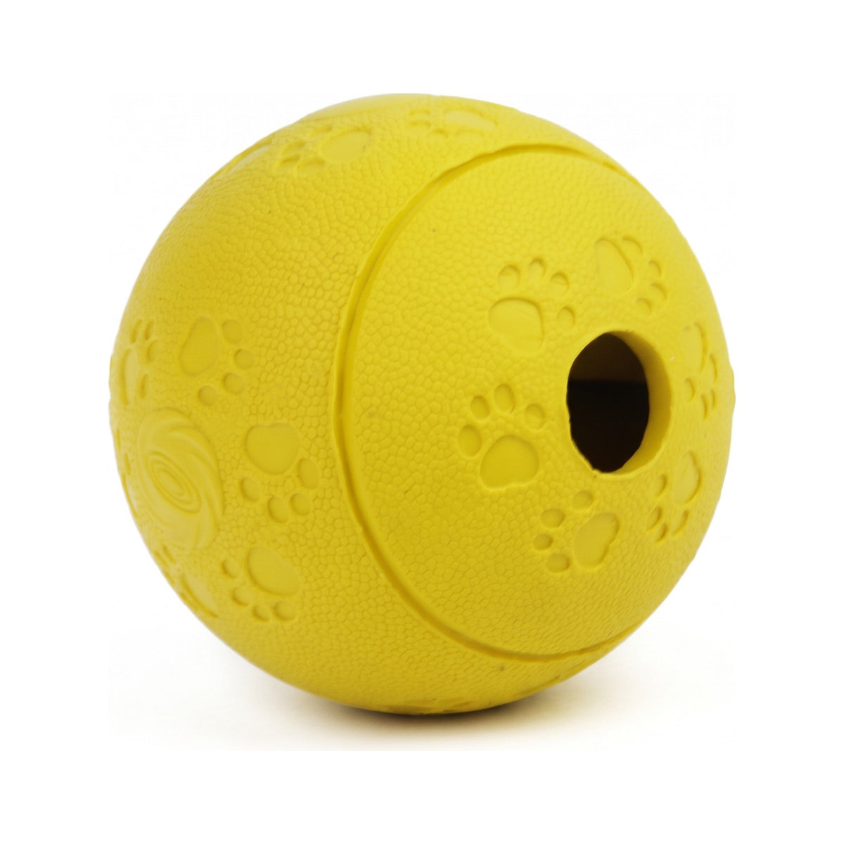 Yellow treat dispensing dog ball with paw print texture and round treat opening