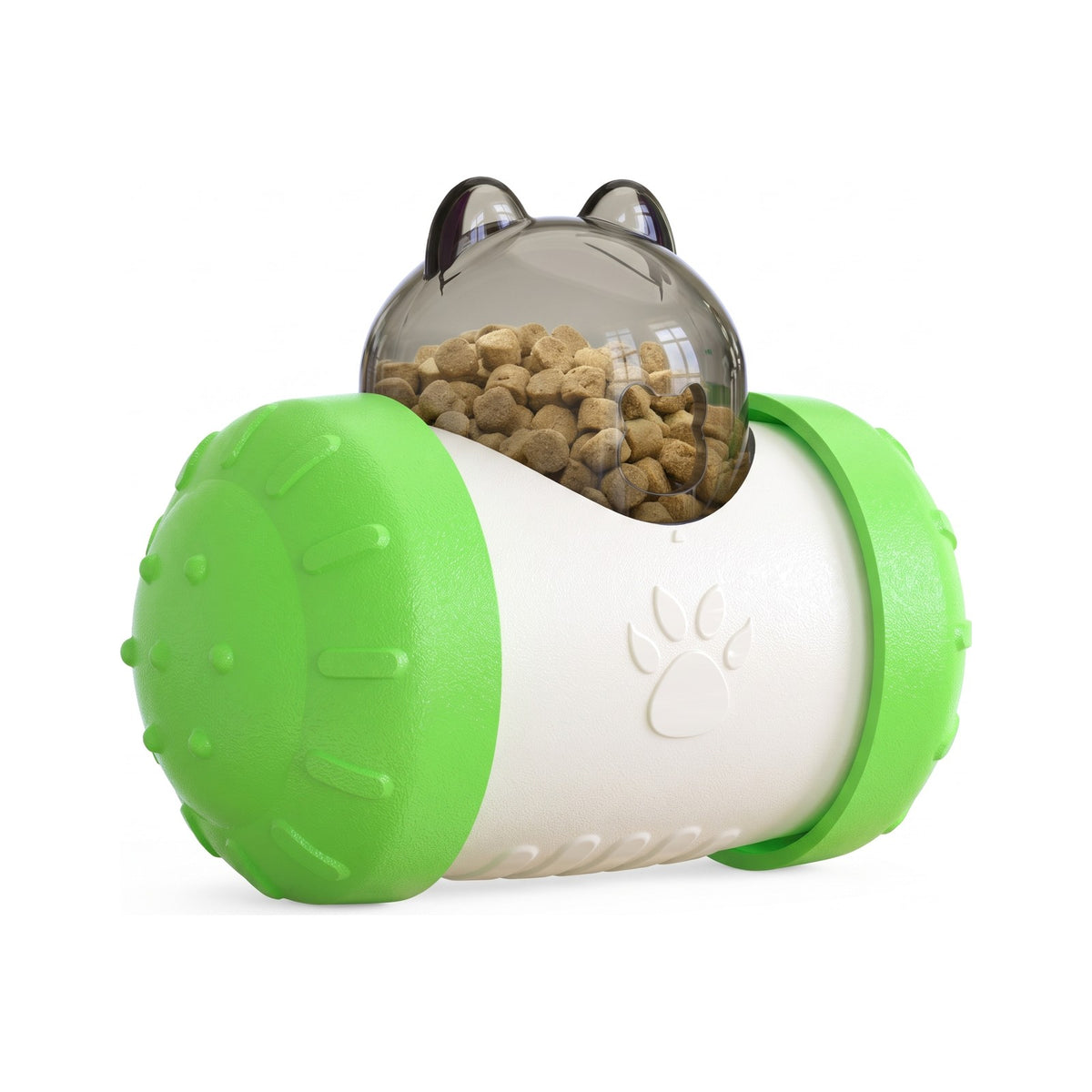 Green treat dispensing wobbler dog toy with clear dome filled with kibble