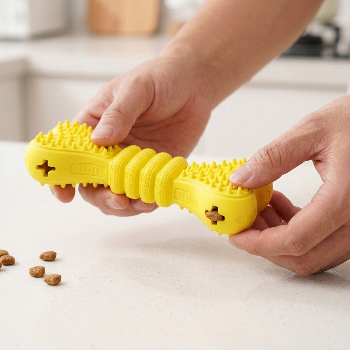 Hands pushing dry kibble into the cross shaped opening of the yellow treat dispensing chew bone