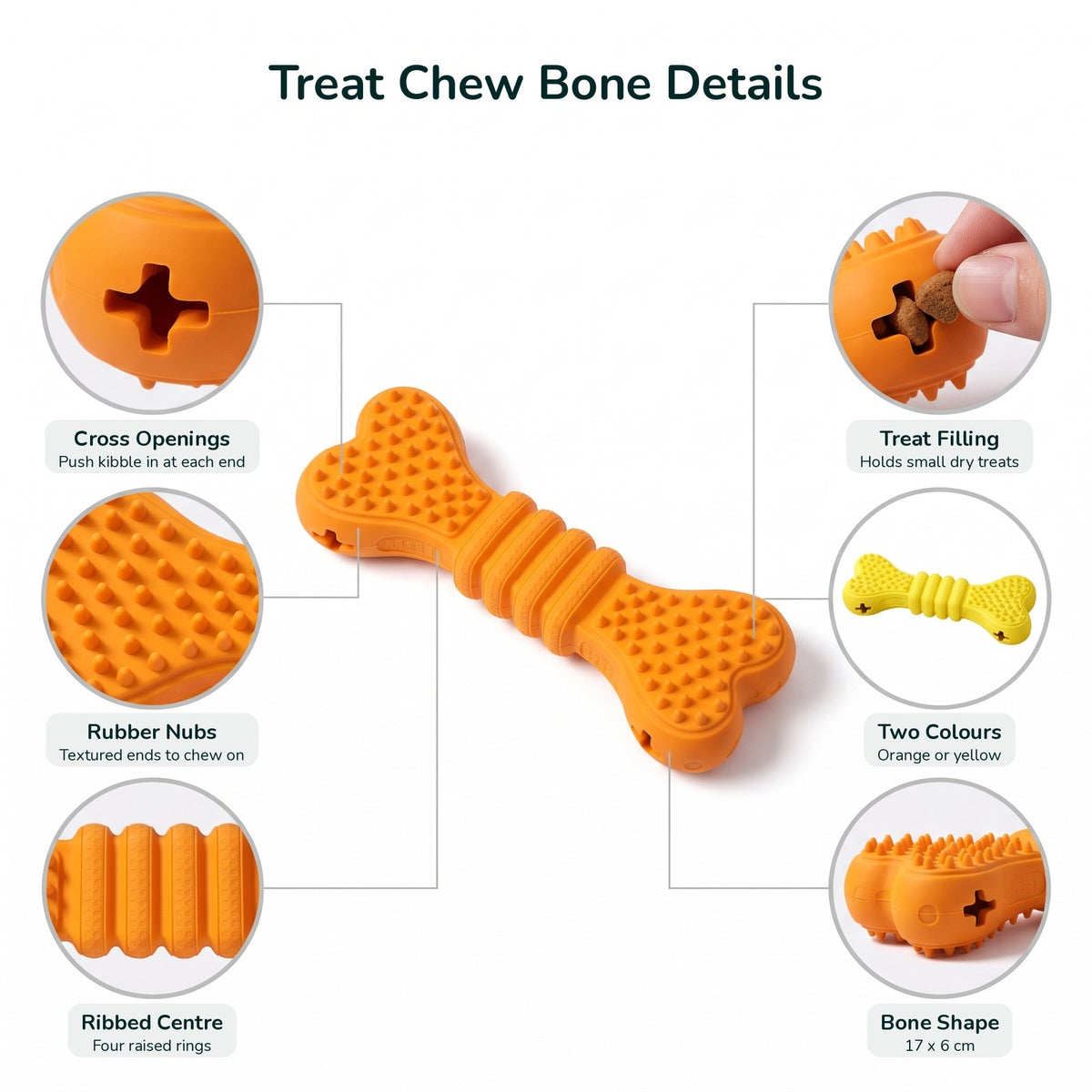Treat chew bone details: cross openings, rubber nubs, ribbed centre, treat filling, two colours, 17 x 6 cm