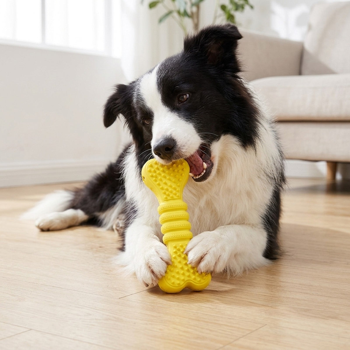 Border Collie holding the yellow rubber chew bone between its paws indoors
