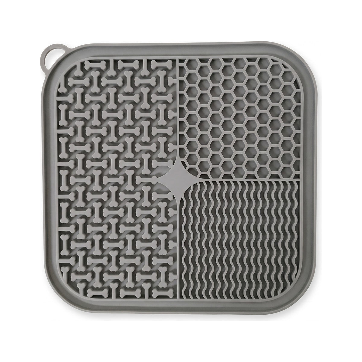 Grey silicone dog lick mat with suction cups, textured bone, honeycomb and wave pattern