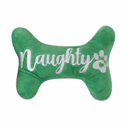 Green Naughty bone Christmas squeaky plush dog toy with embroidered paw print