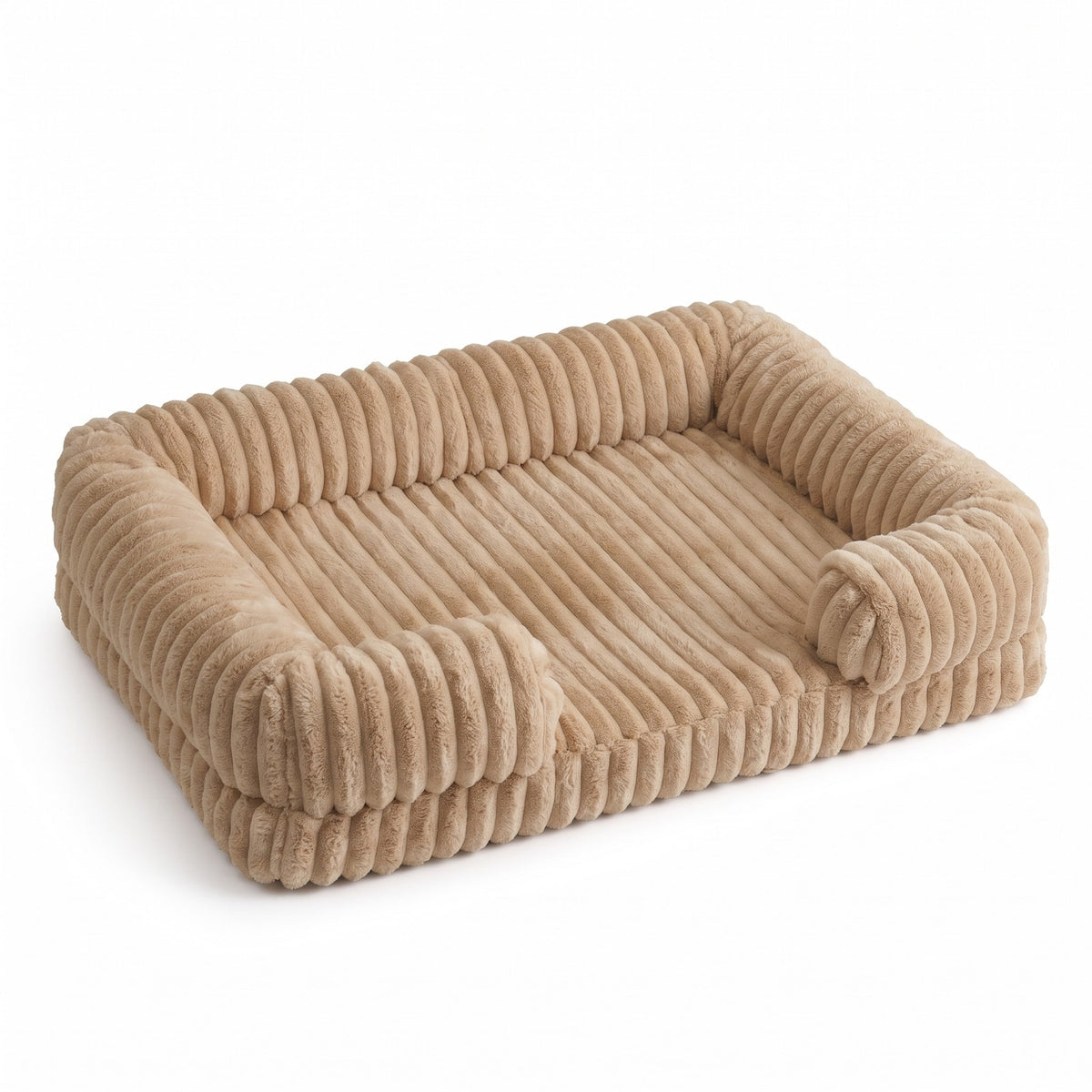 Camel bolster dog bed on a white background
