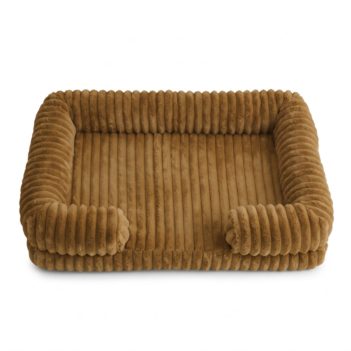 Caramel bolster dog bed on a white background