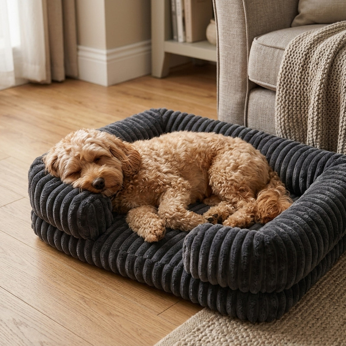 Cavapoo asleep in the charcoal bolster dog bed