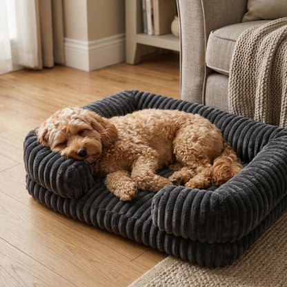 Cavapoo asleep in the charcoal bolster dog bed