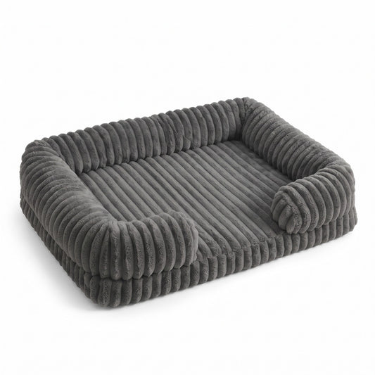 Charcoal bolster dog bed on a white background