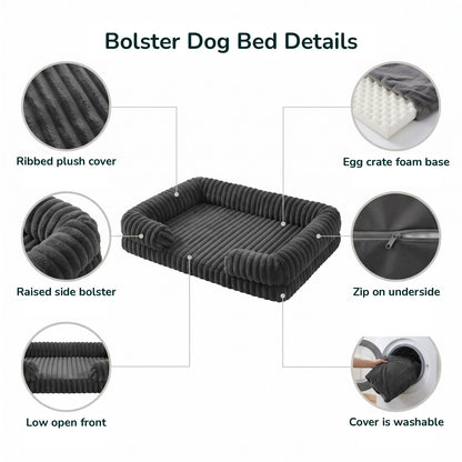 Bolster Dog Bed Details infographic showing the main features