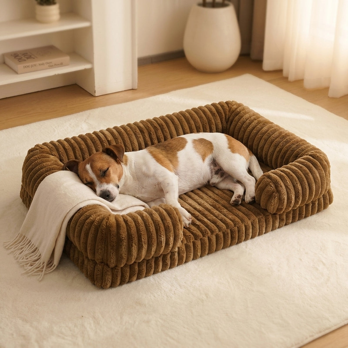 Jack Russell Terrier resting in the caramel bolster dog bed