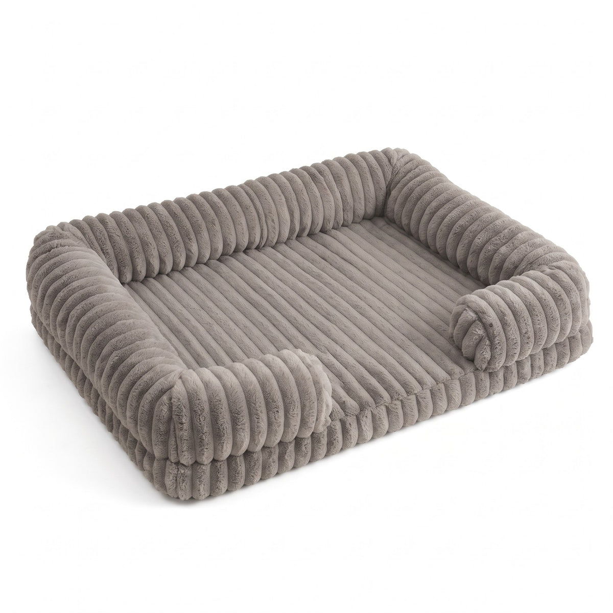 Taupe bolster dog bed on a white background