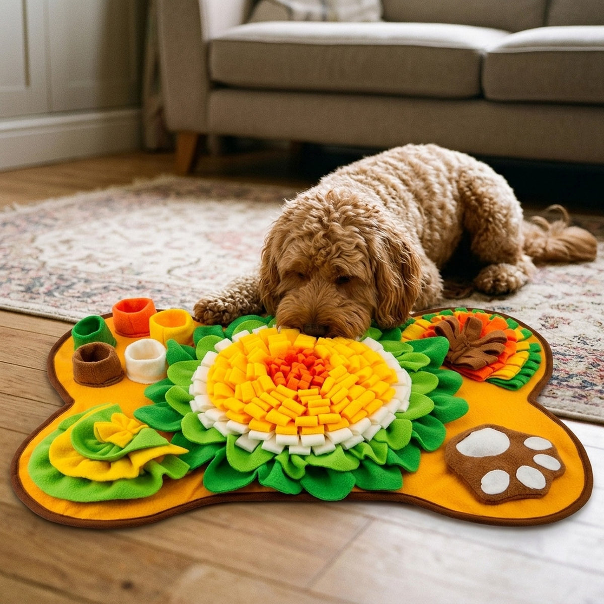 Cockapoo sniffing for treats on a yellow bone snuffle mat in a living room