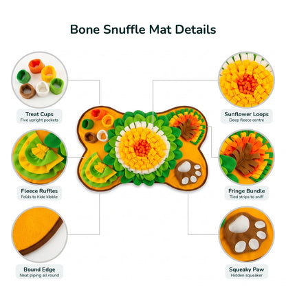 Bone snuffle mat features: treat cups, fleece ruffles, bound edge, sunflower loops, fringe bundle, squeaky paw