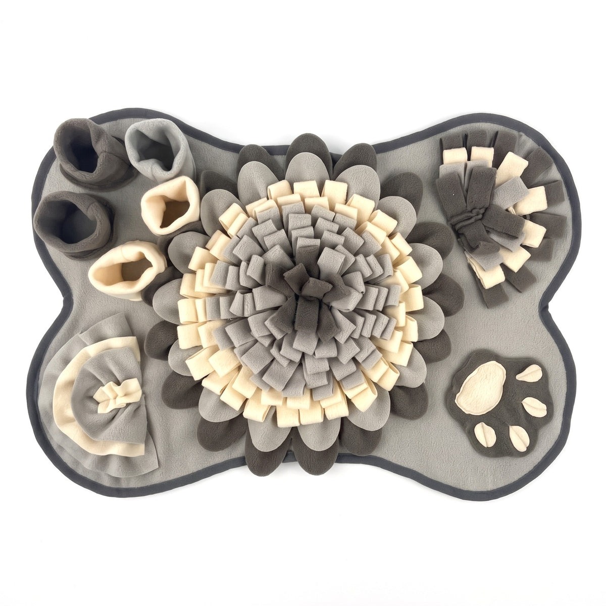 Grey bone shaped snuffle mat for dogs with fleece flower, cups and paw patch
