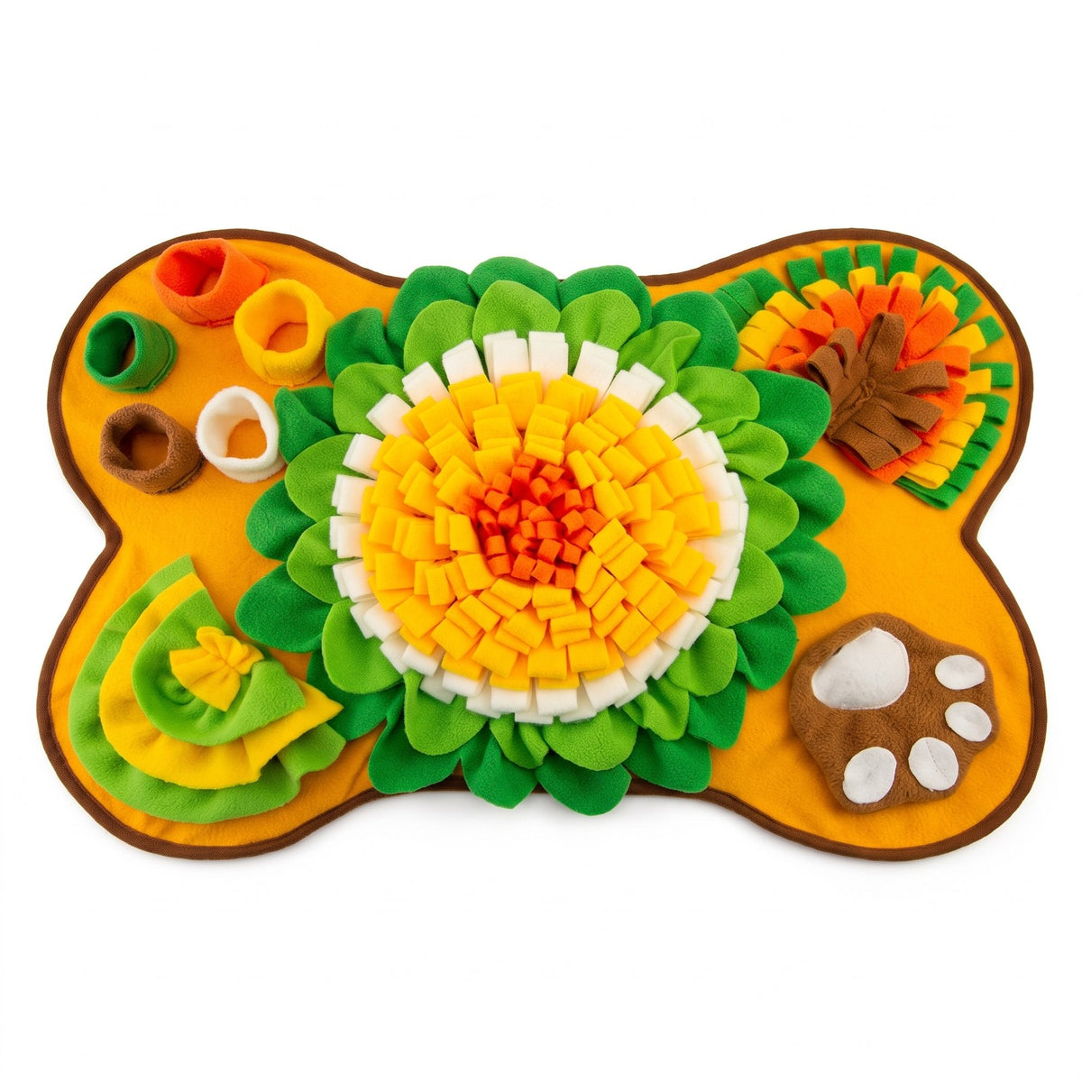 Bone shaped snuffle mat for dogs in yellow with fleece sunflower, treat cups and paw patch