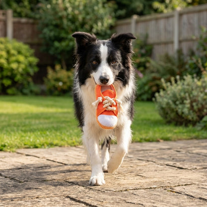 Border Collie carrying the orange sneaker squeaky dog toy across a garden patio