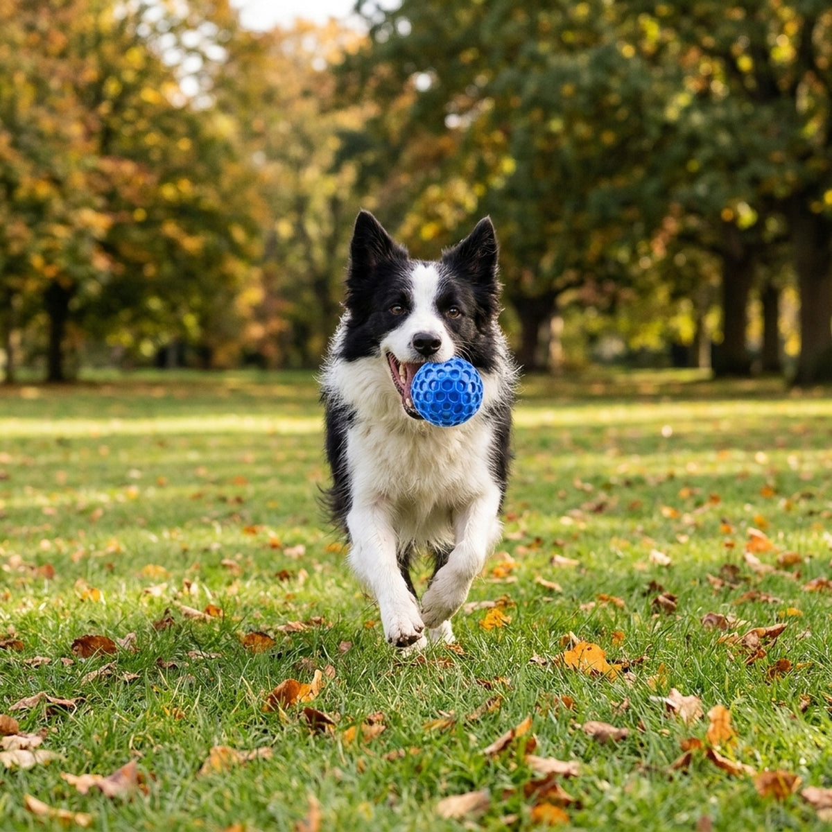 Border Collie fetching the blue honeycomb ball in a park
