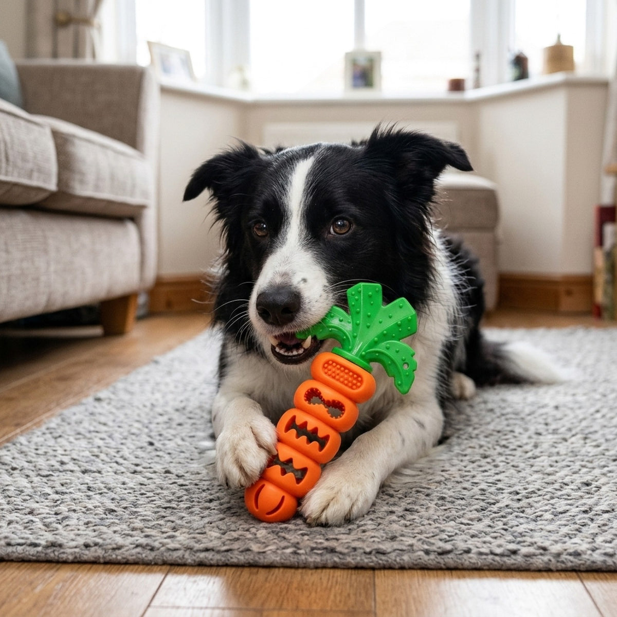 Border Collie chewing the carrot treat dispensing toy on a living room rug