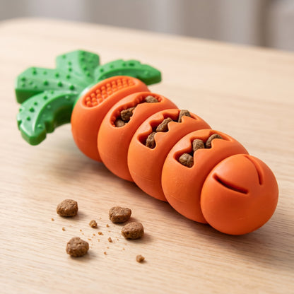 Close up of kibble pushed into the serrated slots of the carrot chew toy