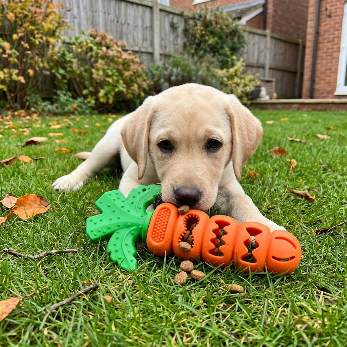 Labrador puppy nudging the carrot chew toy on a garden lawn