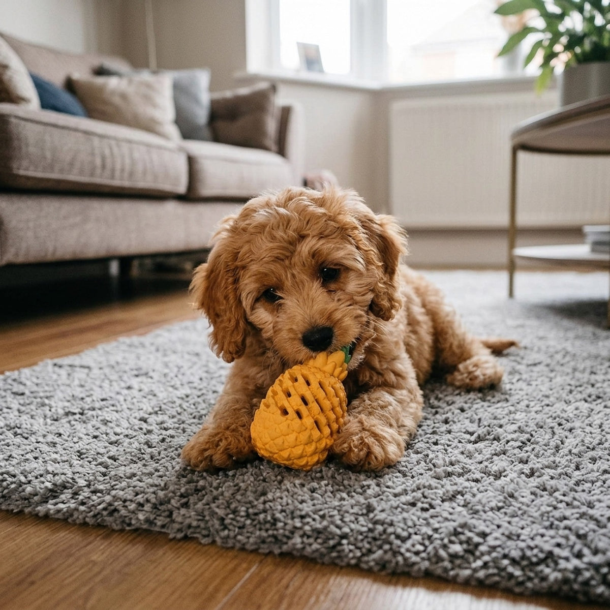 Cavapoo puppy chewing the pineapple dog toy on a garden lawn