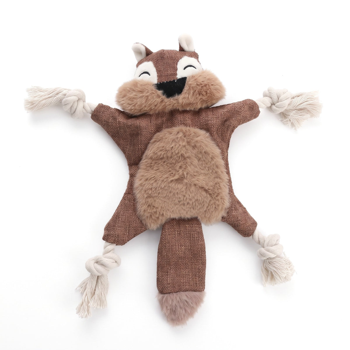 Brown squirrel no stuffing squeaky dog toy with knotted rope limbs